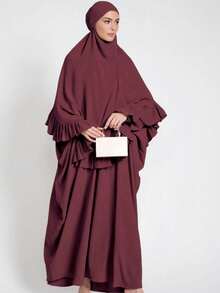 2 piezas Hiyab musulmán + Abaya con dobladillo plisado, diseño clásico y versátil para uso diario, oración, todas las estaciones - Multicolor - Ver 30