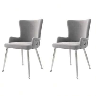 Samt-Esszimmerstuhl, 2er-Set, Luxuriöser Wohnzimmer-Schlafzimmer-Loungesessel Mit Vier Silberfarbenen Metallstützbeinen, Grau[OLD SKU:N634P184684G]