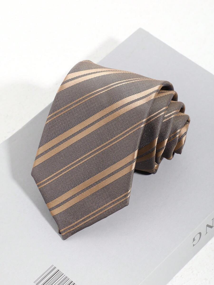 1条男士休闲时尚纯色棕色条纹图案领带，简约风格，适合商务、学校和日常穿着。 - A - 查看 1
