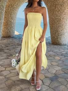 PoPoHouse 女士优雅浪漫褶皱性感修身无肩带黄色长裙，适合情人节约会、日常休闲、海滩旅行、婚礼派对、春夏穿着。 - 黃色 - 查看 8