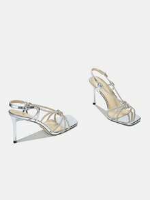 Women's New Open Toe Sandals, Strap Buckle Leopard Print High Heels, Sexy 10CM Super High Heel Sandals, Spring/Summer - Silver - View 2