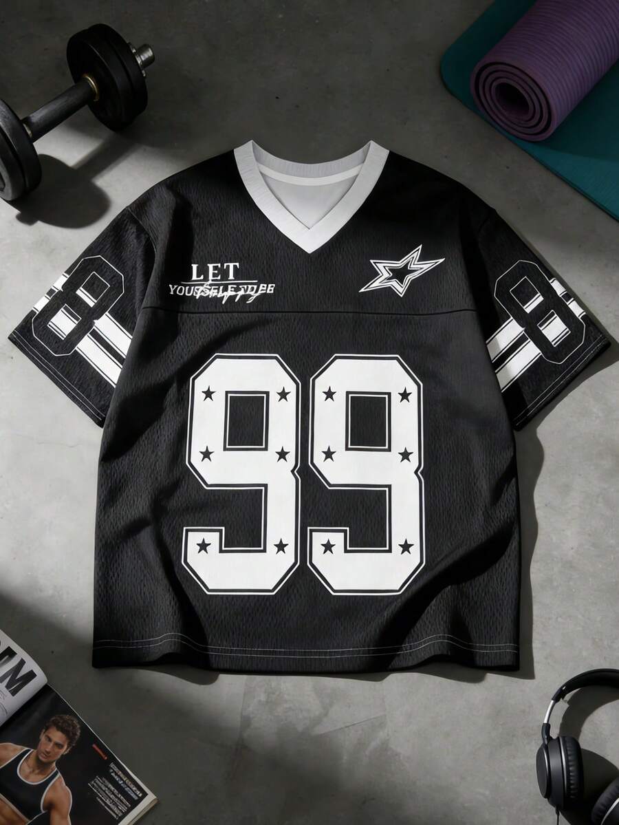 A Street Style Women's American Football Fashion Top With High-Definition Patterns, Mesh Ventilation, Semi-Transparent Design, Comfortable To Wear, Extremely Loose Fit, Top, Jersey - Black - View 1