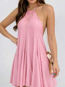 Simple And Elegant Short Dress With Bare Back For Beachwear. - Màu Hồng baby - Xem 2