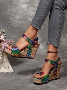 Damen Sommer Plateau Schnallen Nieten Sandalen, Große Größen offene Zehe Keilabsatz Plateau Sandalen - Buntes Schlangenleder - Übersicht 3