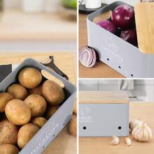 Kitchen Vegetable Storage Set Of 3, Metal Onion Garlic Potato Storage Set, Kitchen Canisters Vegetable Keeper Containers With Aerating Holes And Wooden Lid (Grey) - 灰色 - 查看 5