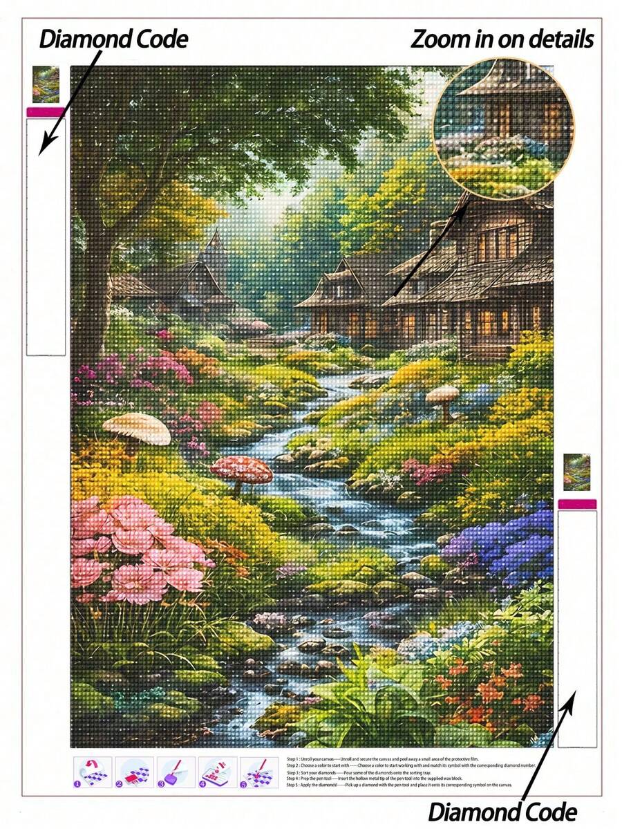 |5D DIY Diamond Painting|Enchanted Forest Cottage With Stream & Vibrant Wildflowers DIY Diamond Art Kit, Sunlit Green Backdrop & Colorful Floral Accents Canvas Wall Art Print. Home Decor Diamond Painting, Mosaic Kit, DIY Your Own Wall Art - Multicolor - View 1