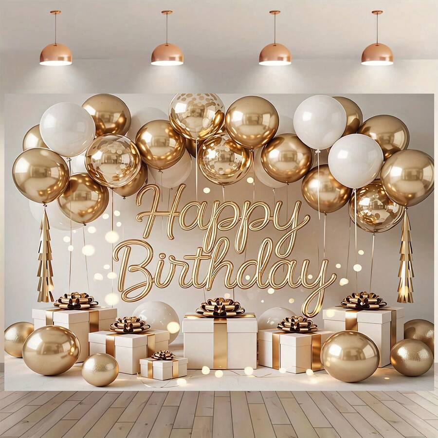 1 Piece Of Elegant Gold And White Balloon Backdrop With Fluid "Happy Birthday" Text, Suitable For Home And Room Decoration, Photography Background, Cake Table Decoration, Family Event Decoration, And Birthday Party Supplies, Adding Festive Atmosphere To Events. - Multicolor - View 1