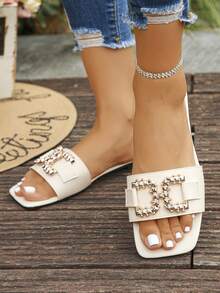 Sandalias planas con tiras y punta cuadrada con cristales para mujer (verano 2026), cómodas zapatillas de punta abierta. - Blanco - Ver 5