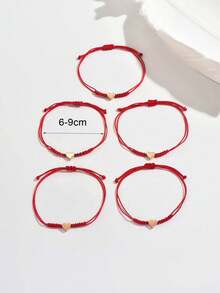 5pcs/Set Casual Versatile Minimalist CCB Heart Lucky Red Rope Bracelets, Suitable For Women's Daily Commute, Party Matching, Valentine's Day Gift - Red - View 3