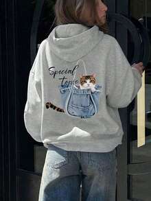 Áo hoodie cỡ lớn in hình mèo dễ thương và denim, phong cách ngọt ngào pha chút trẻ trung, thoải mái. - Màu Xám nhạt - Xem 9