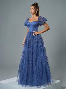 Square-Necked Bubble Sleeves, Satin Ribbon, Chest Cups, Embroidered Lace, Floor-Length Gown.Elegant Party Dresses - Dusty Blue - View 1