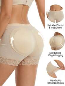 1Pc/2Pcs Women Sexy Butt Lifting Tummy Control Lace Trim Padded Shapewear Panty,Detachable Sponge Padding For Daily Wear - 杏色 - 查看 5
