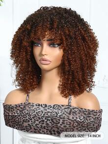 14英寸齐肩卷发假发，带刘海，棕金色渐变非裔蓬松卷发，自然蓬松，适合日常佩戴，也适合万圣节、圣诞节、新年、狂欢节、音乐节、角色扮演等场合，是送给女孩、毕业生、万圣节和圣诞节的理想礼物。 - 漸層棕色 - 查看 4