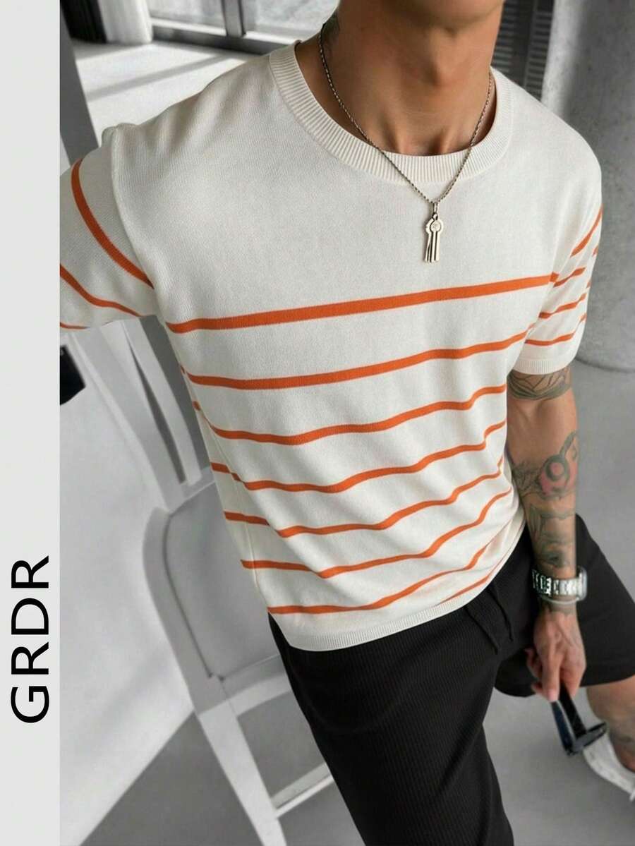 GRDR Men's Summer Knitted Striped Sweater, Fashionable Knit Top For Casual Wear And Leisure Activities - Orange - View 1