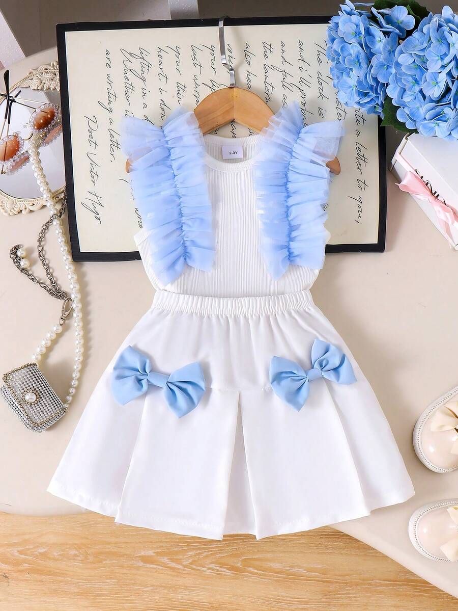 2pcs Young Girls' Forest Style Blue Mesh Patchwork Top And Pleated Bowknot Skirt Set, Summer - White - View 1