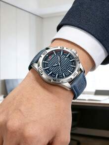 1pc Blue & Yellow Outdoor Sports Style PU Leather Men's Quartz Watch, Calendar Display, Daily Business Casual Fashion Accessory Watch, Ideal Gift For Valentine's Day - one-size - View 4