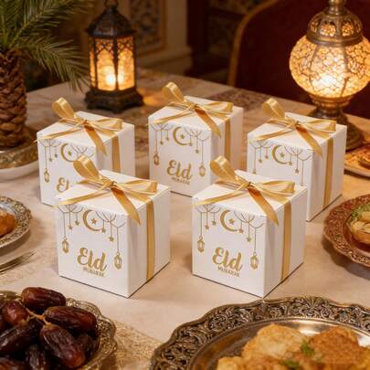 5 adet/10 adet Mini Kare Kağıt Mübarek Hediye Kutusu Ambalaj Poşeti Siyah Kurdeleli Parti Dekorasyon Malzemeleri