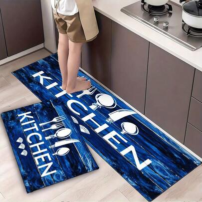 Blue Wood Pattern Kitchen Mat With Fork/Knife/Spoon/Ladle Icons And 'KITCHEN' Text - Non - Slip Tiled Floor Mat For Kitchen Decor, Small Shell Design Accent, Washable For Home Use