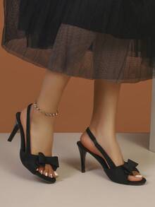 Women's Elegant Black Pointed Toe High Heel Sandals, Fashionable Bow Backless Party & Commute Shoes, Solid Color Versatile High Heels, French Sweet Style Versatile, Suitable For Vacation, , Shopping, Nightclub, Prom, Spring/Summer - Black - View 6