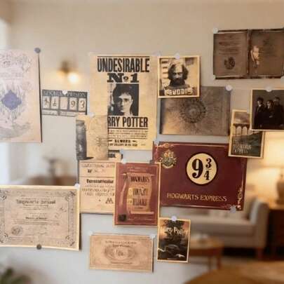 Warner Bros 15Pcs Wall Decals Set - 9¾ & Azkaban Signs, Undesirable No.1 Poster & Marauder's Map Art | Premium Peel & Stick Vintage Wall Art Prints | Nostalgic Magic School Decor For Bedroom, Dorm, Kitchen & Living Room | Perfect For Collection & Gifting(Grey And Yellow Versions Are Randomly Shipped)