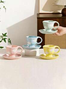 1pc Cute Blue Sky & White Cloud Ceramic Coffee Cup & Saucer Set, Lovely Cartoon Stemware, Birthday Blessing, Party Supplies, Gift For Boyfriend Or Girlfriend - Multicolor - View 3