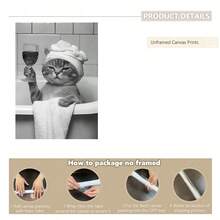 1 pieza Decoración de pared de baño linda, gato bebiendo vino en la bañera, estilo minimalista en blanco y negro, póster de animal gracioso, decoración de baño, gato con gorro de ducha, patrón de animal en blanco y negro, adecuado para decoración de baño y aseo - con marco opcional - Multicolor - Ver 4