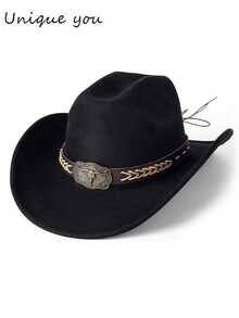 Unisex Western Cowboy Hat, Retro Style With Woven Leather Belt And Classic Silver Bull Head Decor, Suitable For Weddings, Festivals, Western Cowboy Parties And Bars - Top Hat - View 10