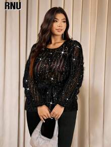 大码女式优雅闪亮毛绒面料黑色流苏腰带蝴蝶结设计圆领灯笼袖音乐会时尚百搭外套上衣，轻薄透气，适合派对、夜店等场合 - 黑色 - 查看 4