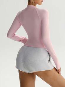 Stand Collar, Full Zip, Waist Cinched Design, Chest Seam Graphic Pattern, Street Style Zip-Up Jacket, Shaping Activewear Jacket, Stretchy Fitness Jacket, Waist Shaping, Women's Street Style Zip-Up Sports Jacket, Slim Fit - Pink - View 2