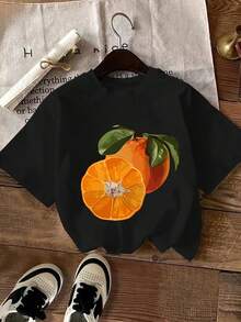 | 1 Women's 100% Breathable Cotton T-Shirt | Bright Pink Short Sleeve Casual T-Shirt For Women - Soft Polyester Crew Neck Top With Vibrant Orange Slice And Leaf Geometric Print, Machine Washable For Spring Summer Casual Wear, Fruit Print T-Shirt, All Season Fabric - Ideal For Summer - 黑色 - 查看 2