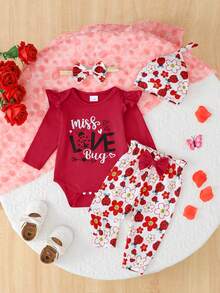 Bộ quần áo 4 món cho bé gái, gồm áo liền quần dài tay in hình bọ rùa và chữ cái đáng yêu, quần ống rộng có nơ xếp ly, băng đô và mũ, thích hợp cho các hoạt động ngoài trời, ngày Valentine, món quà lý tưởng cho bé gái. - Đỏ - Xem 1