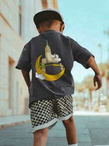 Ramadan Boys & Teens Casual Printed Crew Neck Short Sleeve T-Shirt, Summer Top - Dark Grey - View 1