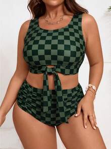 Women's Large-Size Fashionable Retro Checkered Bikini Swimsuit, Sexy Round-Neck Wrinkled Swimsuit That Conceals Fat And Makes The Figure Look Slimmer, Two-Piece Set For Separate Wearing. - Màu xanh lá cây đậm - Xem 3