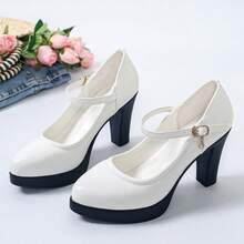 White Chunky Heeled High Heels With Buckle, Metallic Embellishments, Elegant Women's Shoes, Suitable For Everyday Commuting And Dates, Stylish And Fashionable Women's Shoes. - 白色 - 查看 4