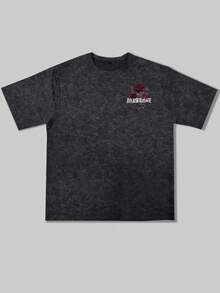 男士休闲百搭简约玫瑰花印花短袖T恤 - 黑色 - 查看 5