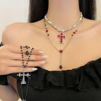 Stylish Metal Cross Pendant Necklace, Multilayer Beaded Choker Necklace For Women