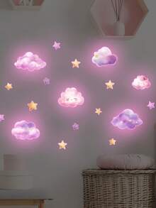 Glow-In-The-Dark Pink Cloud Wall Stickers - Pink Fluorescent Wall Decals For Bedroom, Living Room And Dorm Decor | DIY Holiday Gift Idea, Cute Cloud Night Scene Decoration - Wall Stickers - View 1