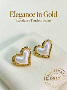 Bohemian Style Heart-Shaped Pearl Earrings - Gold Heart-Shaped Earrings Decorated With Bubble Heart - Heart Design - Women's Heart-Shaped Earrings, Fashion Jewelry - Multicolor - View 2