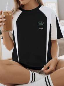 Camiseta de mujer con estampado de letras, estilo casual de parches y contraste de colores, cuello redondo, manga corta. Estilo resort de moda, artículo esencial diario. Camiseta gráfica de mujer, top negro de mujer - Negro - Ver 3