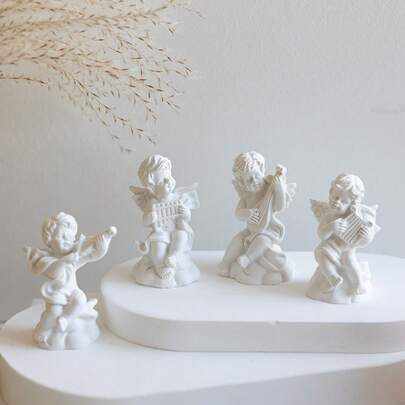 1pc/4pcs/8pcs Set Mini Resin Angel Statue Decor And Mini Roman Column, Cute Angel Sculpture Music Box, Suitable For Bookshelf, Office Desk, Bedroom, Perfect For Holiday Gift, Religious Home Decor, Baptism Wedding Altar Arrangement, Christmas Angel Gift