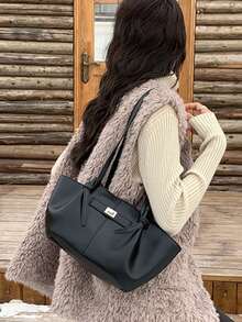 时尚大容量梯形设计奢华PU皮革女士单肩包，设计师款别致锁扣手提包，高品质腋下包 - 黑色 - 查看 7