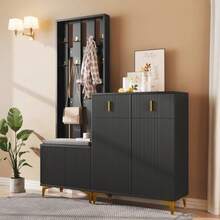 Wardrobe Set With Shoe Bench And Cushion, Wardrobe Front With Hooks, Shoe Cabinet With Drawers And Doors - 黑色 - 查看 6