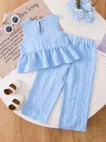 两件套男/女婴套装 | 浅蓝色无袖荷叶边上衣 + 柔软长裤 | 夏季透气休闲装 - 藍色 - 查看 2