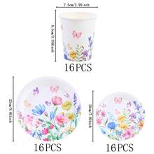 Juego de vajilla desechable con estampado floral, platos de 7/9 pulgadas, platos y vasos de papel desechables adecuados para fiestas, bodas, compromisos, cumpleaños, celebraciones y eventos - Multicolor - Ver 10