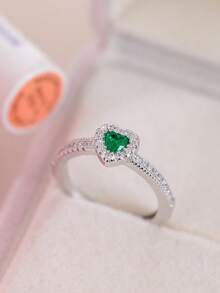 CVNANA 1 chiếc nhẫn bạc Cubic Zirconia hình trái tim ngọt ngào, quà tặng trang sức cho phụ nữ, không có hộp - Màu xanh lá cây đậm - Xem 4