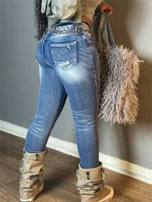 1pc Casual Washed Denim Button Fly Jeans For Women, Everyday & Date Wear, Suitable For Spring/Autumn - Blue - View 6