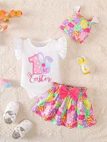 BrownBark 3pcs Newborn Cute Rabbit Print Easter Casual Outfit Set, "My First Easter" Letter Graphic Sleeveless Ruffled Romper + Rabbit Print Bow Skirt + Hat, Casual Daily Outdoor Easter Party