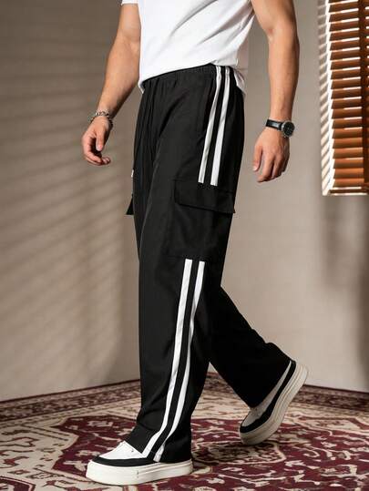 Men's Casual Sports Contrast Color Patchwork Drawstring Waist Long Pants, Suitable For All Seasons