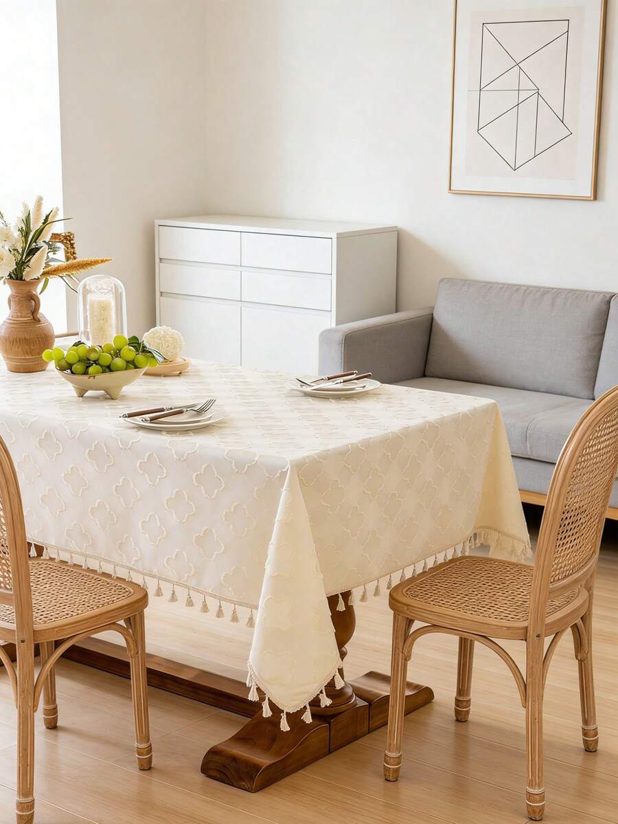 1pc European Style Cutwork Tablecloth, Beige Four-Leaf Clover Tablecloth, Dining Table Cloth, Decor For Dining Room, Bedside Cabinet Cover, Tassel Decor, Home Decor, Dining Table Matching, Suitable For Home Kitchen Dining Room, Gatherings, Dinner Parties, Holidays, Hotels, Indoor & Outdoor Use, Spring & Summer Decor