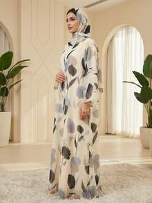 Women's Fashionable Long Sleeve Kaftan Dress, Made Of Flowing Woven Fabric, Decorated With Black Floral Pattern, Suitable For Any Occasion Spring - Apricot - View 5
